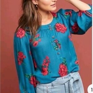 Anthropologie Maeve Kalas Teal Henley Floral Woven Blouse Size Small